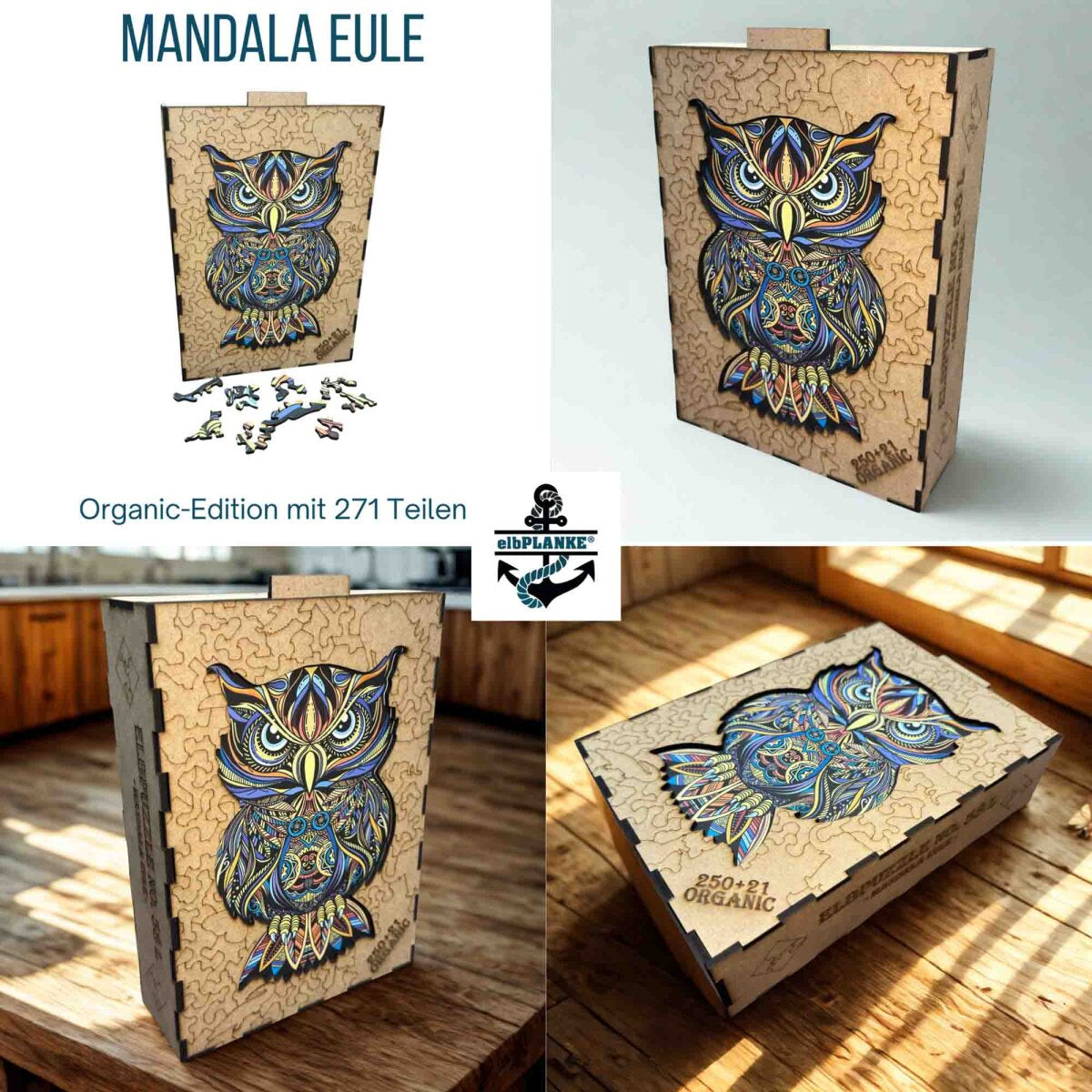 elbPUZZLE No. 58 - Mandala Eule - Organic Edition Size L / 26x40 cm / 271 Teile